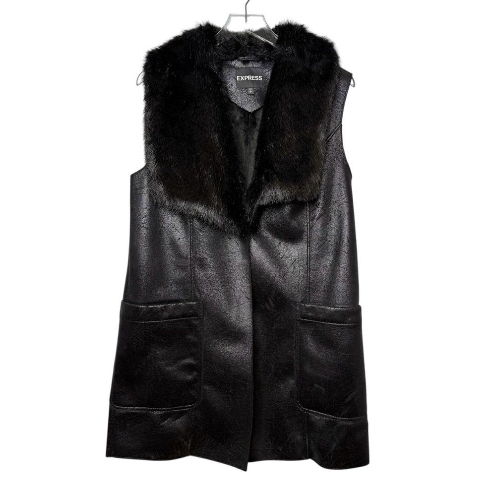 Express Black Faux Fur Oversized Collar Long Line Crackle Sueded Vest Sz L - Picture 2 of 15